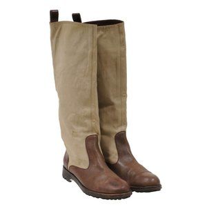 Marni Womens Riding Boots Size US9 EU39 Brown Leather Tan Canvas Vibram Lug Sole